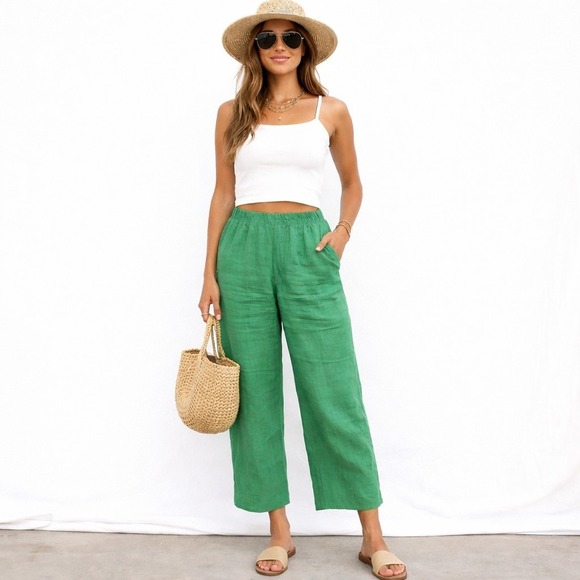 EVERLANE The Linen Easy Pant Sz M Green Elastic Waist Pull-On Lagenlook Resort - Picture 1 of 8